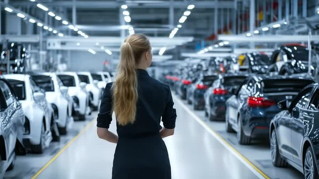 Female production supervisor stands on elevated walkway, overlooking rows of assembled cars moving steadily through the modern facility
