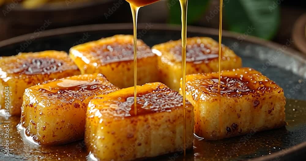 Poster golden browned square blocks of delicious food with honey-like liquid pouring on them. the backgroun