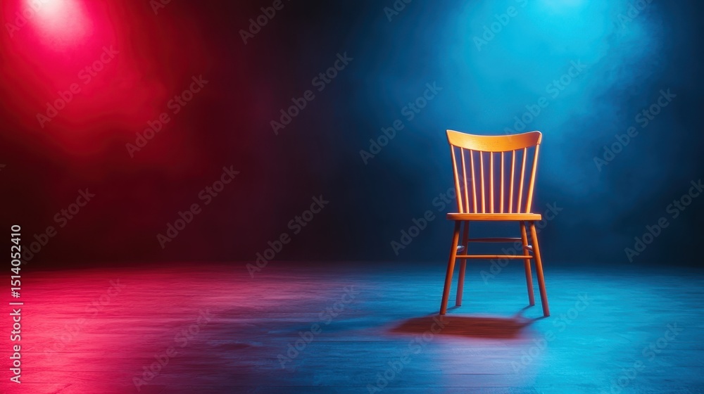 Poster an empty chair illuminated by contrasting red and blue lights stands alone in a dramatic setting, sy