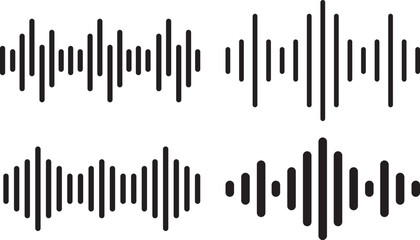 Sound Waves Monochrome Icon Set – Music Waveform, Audio Frequency, Volume, and Pulse Symbols in Black.