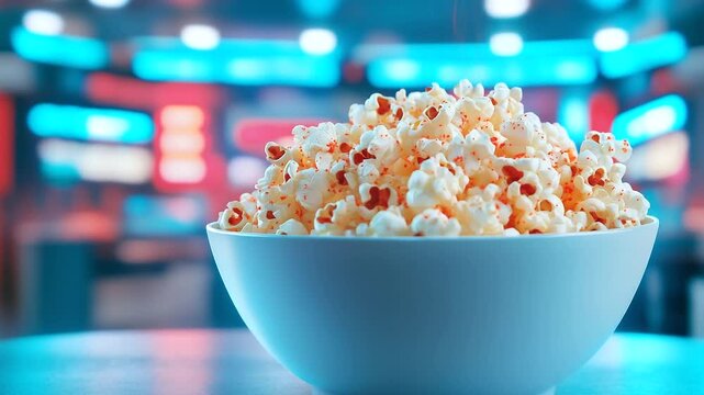 Overflowing bowl of spicy, crunchy popcorn in vivid detail, flecks of red seasoning and salt visible, set against blurred neon lights of a cinema concession stand