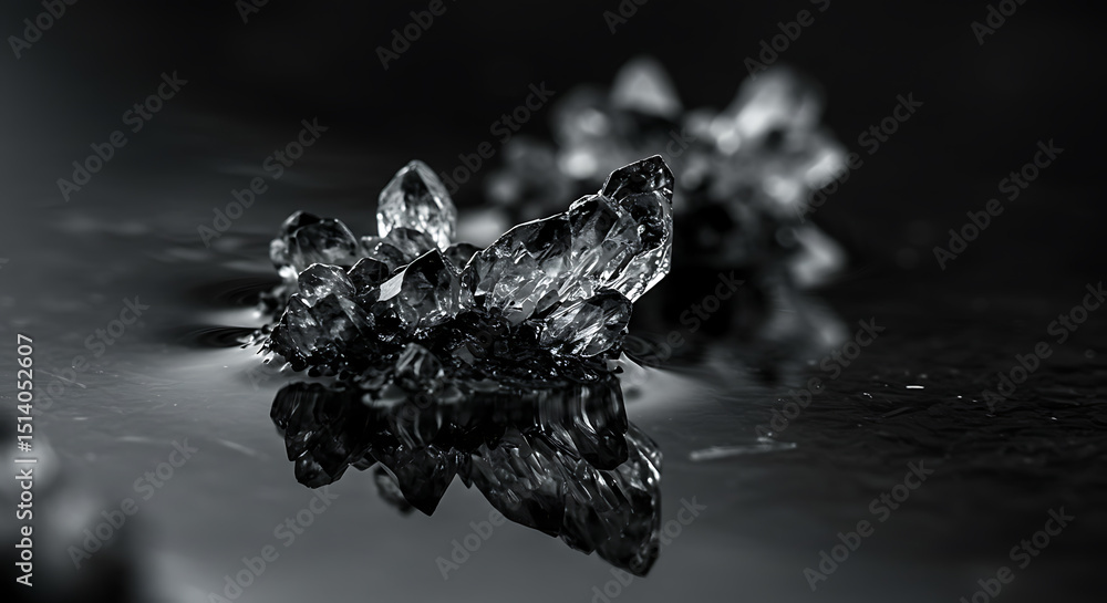 Poster close-up of a cluster of black crystals with sharp edges, reflecting light on a dark, glossy surface