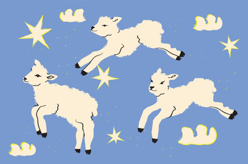 Cute lambs. Sheep jumping, running movement. Hand-drawn vector illustration. Counting sheep before the concept of sleep. Printing, postcard, invitation template.