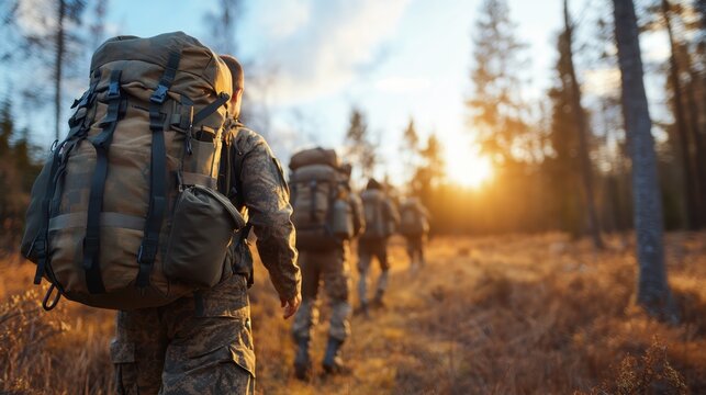 Soldiers with backpacks trek through a wooded trail at sunset, embodying resilience and teamwork in wilderness training and outdoor exploration. - Powered by Adobe