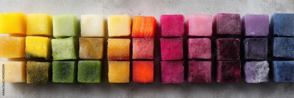 Aufkleber colorful frozen smoothie cubes arranged neatly, creating a vibrant spectrum of flavors and hues in a