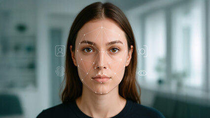 Facial recognition technology identifies a young woman for personal access, with biometric data points and icons
