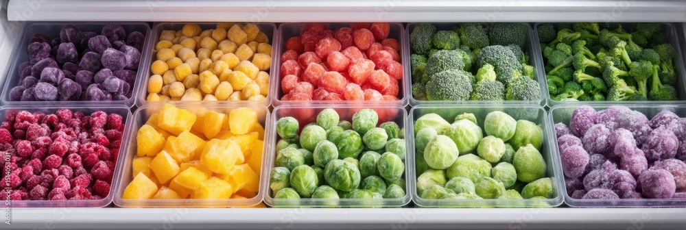 Poster colorful assortment of frozen vegetables and fruits neatly stored in a clean freezer drawer for easy