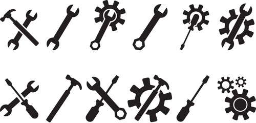 Minimal Repair Tools Icon Set – Wrench, Screwdriver, Gear, and Toolbox in Flat Outline Style for Apps and Web.