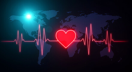 Glowing red heart icon with heartbeat line on a world map background, representing global health, love, and care.  Perfect for medical, charity, or wellness projects needing a symbol of worldwide