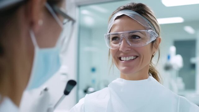 Smiling female patient in bib and protective glasses looks at dentist holding dental instrument, clean white clinic walls in background