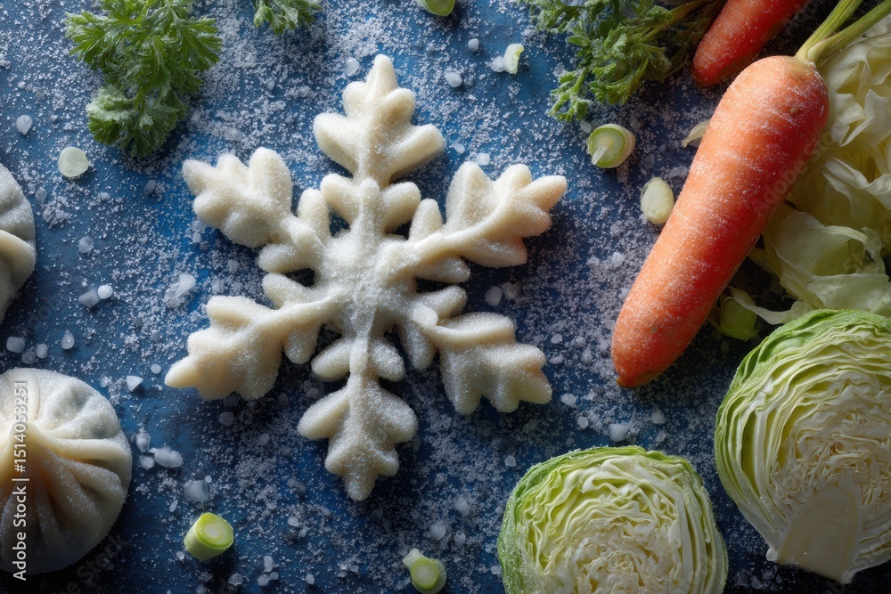 Poster stylized snowflake design with frozen dumplings and fresh vegetables on a bright surface