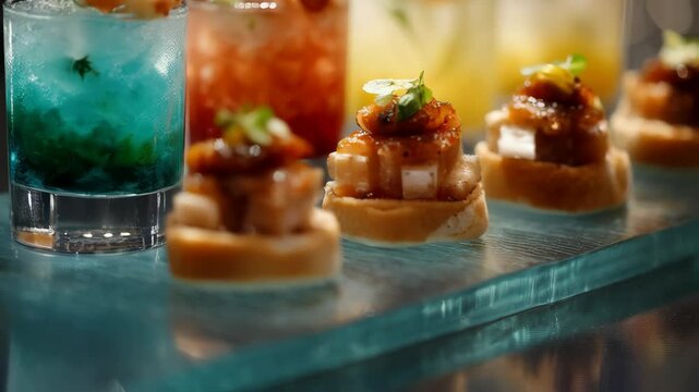 Colorful tropical cocktails and savory canapes arranged on a glass serving tray, showcasing summer party refreshments and food