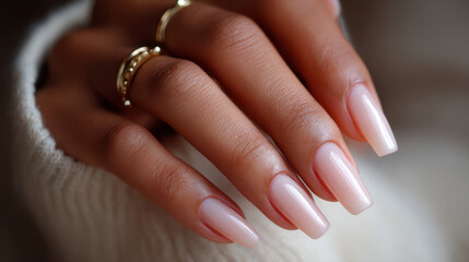 Close-up of a stylish hand with soft pink manicured nails adorned with elegant gold rings, capturing sophistication and timeless beauty