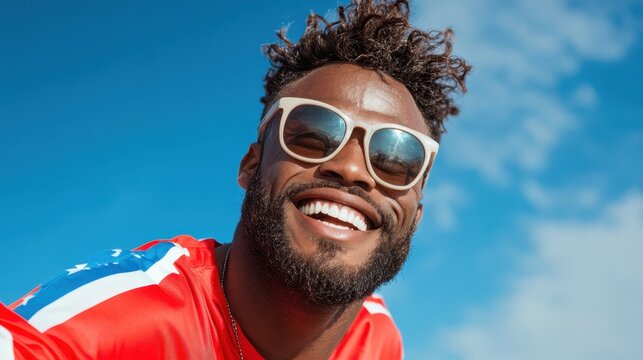 A cheerful young man with sunglasses smiling joyfully under a bright blue sky, exuding positivity and confidence that reflects a vibrant lifestyle and the essence of carefree living.