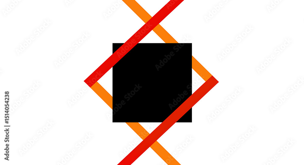 Poster abstract geometric design featuring a black square intersected by orange and red lines creating a dy