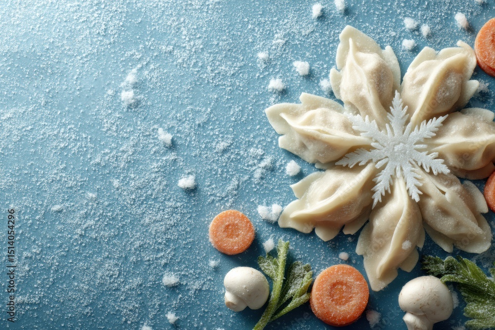 Poster frozen dumplings and vegetables arranged attractively with a stylized snowflake backdrop against a b
