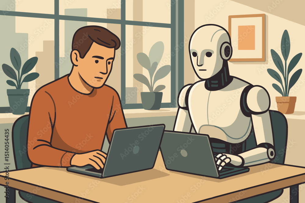 Aufkleber human-robot collaboration. ai coworker. office workspace. man and android with laptops. future of wo