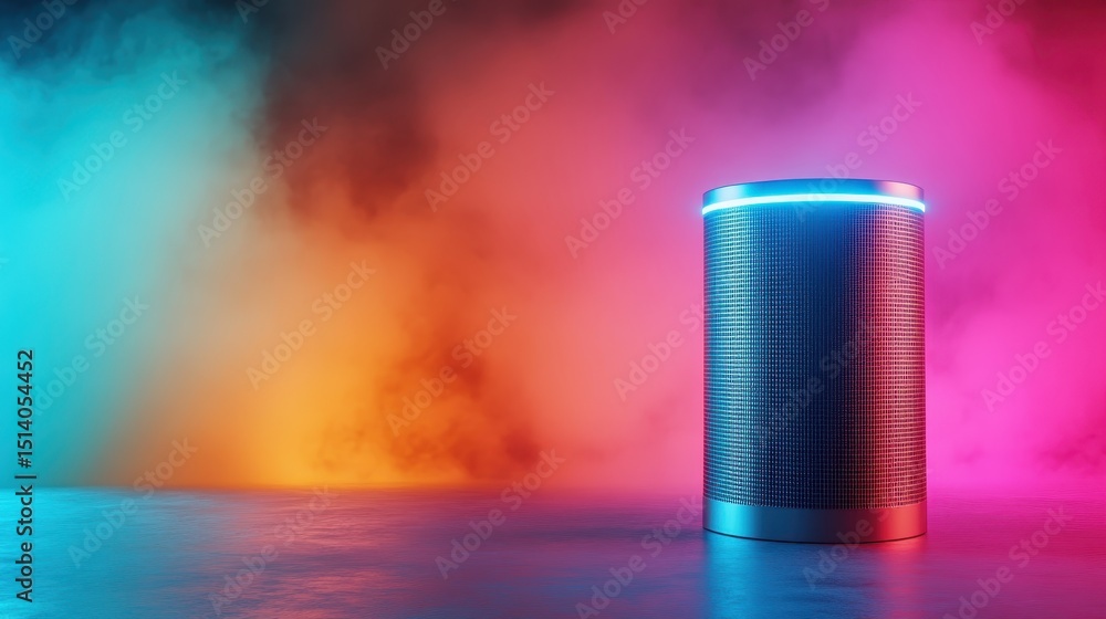 Poster an innovative speaker design illuminated with vibrant blue and pink lights, surrounded by colorful f