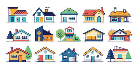 Drawing Style House, Red Door House, Classic Home Design, House with Garden, Cartoon Suburban House, Dream House for Posters, Triangle Roof House