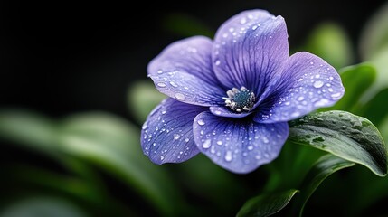 A stunning close-up of a purple flower adorned with dew drops, surrounded by green leaves, highlighting the beauty of nature and the freshness of early morning dew in a delicate setting.