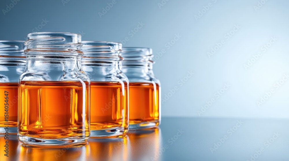 Poster a series of clear glass bottles filled with amber liquid are arranged neatly against a softly lit ba
