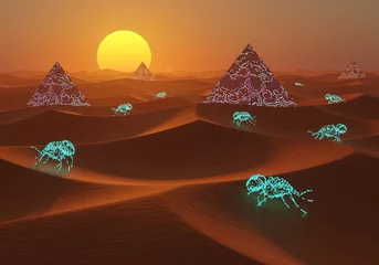 Selbstklebende Fototapeten Desert landscape with glowing pyramids and insects © Alex