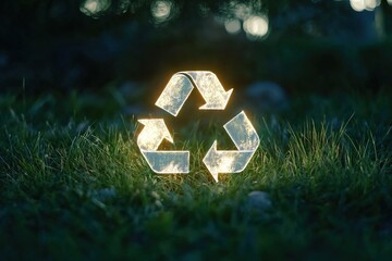 Conceptual image environmental responsibility with luminous white recycling symbol on natural green grass. Great for ecological presentations, green lifestyle blogs and sustainability infographics