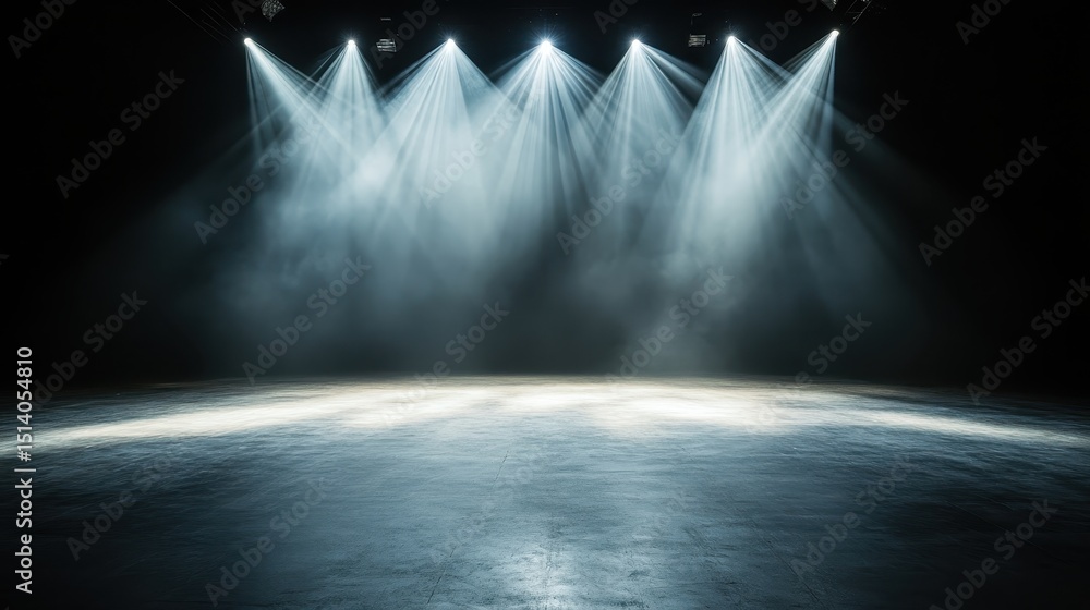Poster an empty stage set for performance, illuminated by dramatic spotlights piercing through the fog, cre