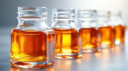 A row of elegant glass bottles filled with amber liquid scintillates under soft light, creating an artistic display that emphasizes clarity, purity, and sophistication in design.