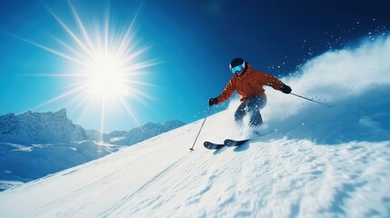 This dynamic shot captures a skier speeding down a pristine, snow-covered slope, encapsulating the thrill and excitement of winter sports in a breathtaking landscape.