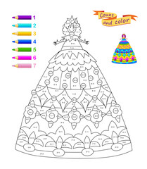 Mathematical education for children. Coloring book. Math exercises on addition and subtraction. Solve examples and paint the princess. Printable worksheet for kids. Flat hand drawn vector illustration