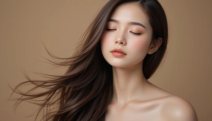 Elegant Woman with Long Dark Hair and Closed Eyes
