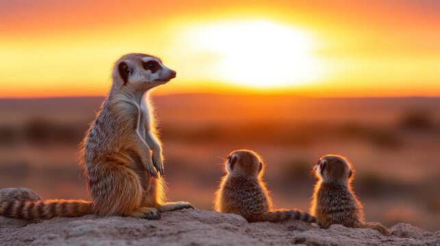 Three meerkats stand together watching a stunning sunset, capturing a moment of nature's beauty and the bond shared within their family group in the wild. - Powered by Adobe