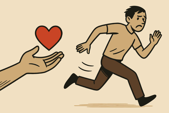 Avoidant attachment symbolism. Man running from offered love. Fear of intimacy. Relationship anxiety. Commitment phobia. Emotional unavailability. Psychology. Insecure attachment. Love rejection.