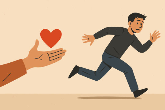 Avoidant attachment symbolism: Man running from love, illustrating fear of intimacy, relationship anxiety, commitment phobia, emotional unavailability. Psychology mental health concept vector.