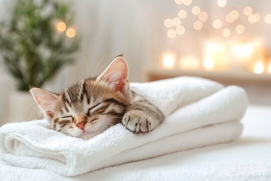 Fluffy tabby kitten peacefully sleeping on white towel, surrounded by warm and comforting ambiance. Great for illustrating self care, animal love and peaceful home moments.