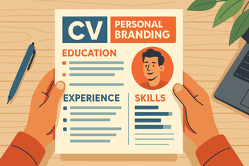 Creative CV design for job application process. Hands reviewing professional resume highlighting personal branding, education, experience, and skills. Career document for job search and recruitment.