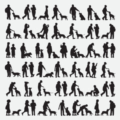 Collection of black silhouettes showing people of all ages interacting with their dogs
