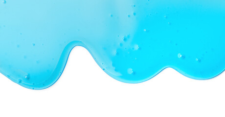 Blue liquid gel flowing, shower fluid gel border, isolated on white background, dripping shampoo texture on white, body care cosmetic, texture of liquid washing gel, soap backdrop top view, from above
