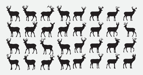 Obraz premium Black silhouette illustrations of different deer stances arranged in a minimal grid format