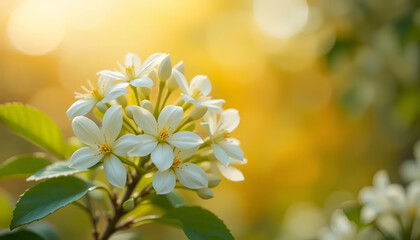 Beautiful White Flowers Blooming with Golden Bokeh Background