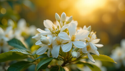 Close-up of White Flowers with Sunlight and Bokeh