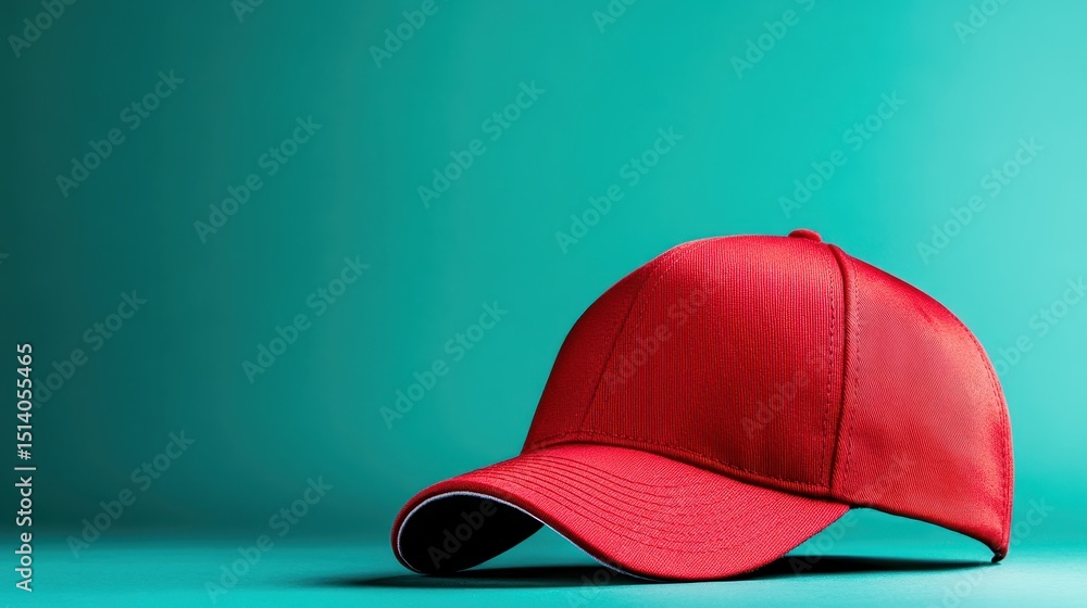 Poster a vivid red cap is positioned stylishly against a striking teal backdrop, creating a captivating vis