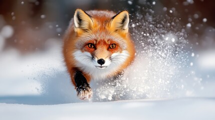 An agile red fox dashes through the snow, gracefully showcasing its vibrant fur and keen eyes, embodying the beauty and wildness of nature in a serene winter landscape.