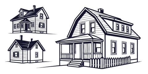 Clean House Icon, Block Home Design, Welcome House Art, House with Bushes, Cottage Drawing, House with Heart Symbol