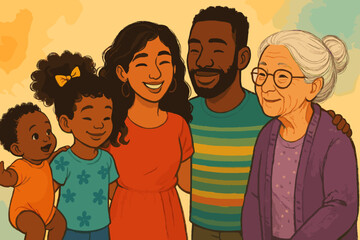 Diverse Family Portrait: Multigenerational African American Family Smiling, Celebrating Togetherness, Love, Unity, Connection, and Heritage. Parents, Children, Grandparent.