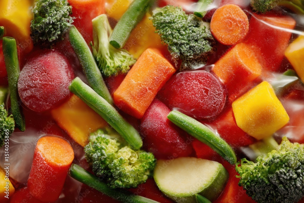 Poster close-up view of frosted mixed vegetables in a steamable pouch, brightly colored and arranged for ea