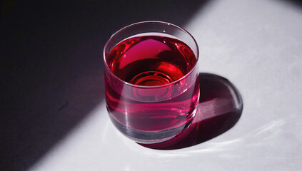 Glass of vibrant red liquid sits on a textured surface, illuminated by dramatic lighting, casting a soft shadow, creating an artistic and visually striking composition