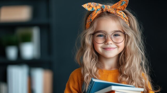 A delightful young girl wearing glasses poses with a stack of books, radiating enthusiasm for learning and showcasing the joy of reading in a cozy environment.