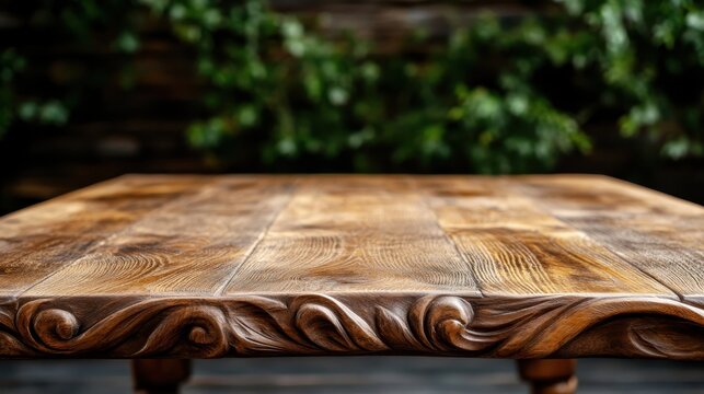 This image features a stunning wooden table showcasing intricate carvings, revealing the artistry and craftsmanship of woodwork in a serene environment.